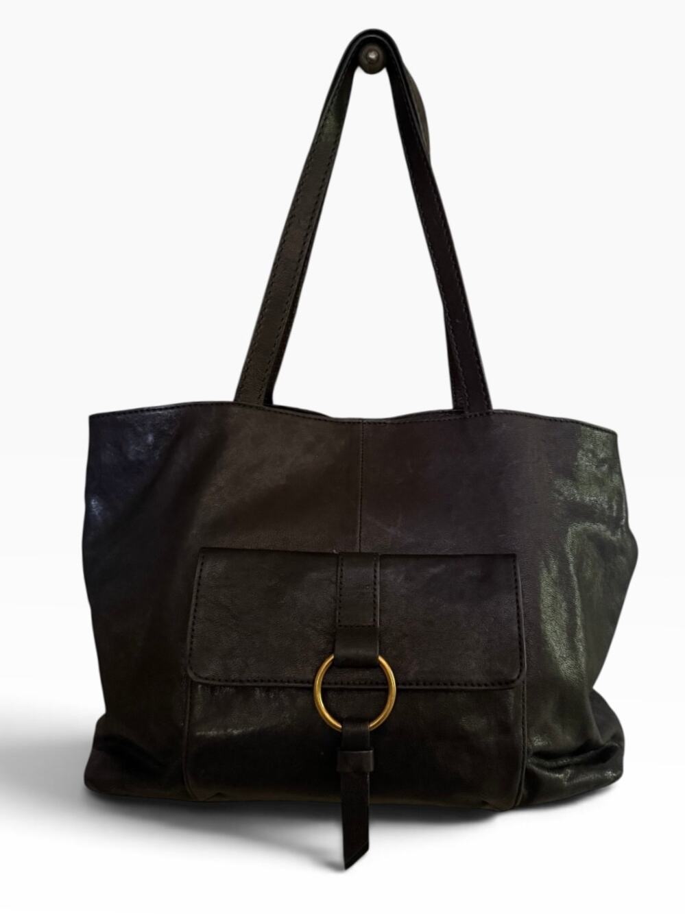 Frye Madison Harness Leather Tote Bag Black EUC Front Pocket O-Ring Shopper